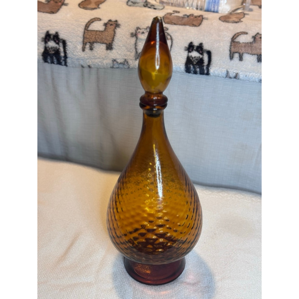 Vintage Italian Empoli Amber Hobnail Genie Bottle Decanter w/Stopper. 18 Italy